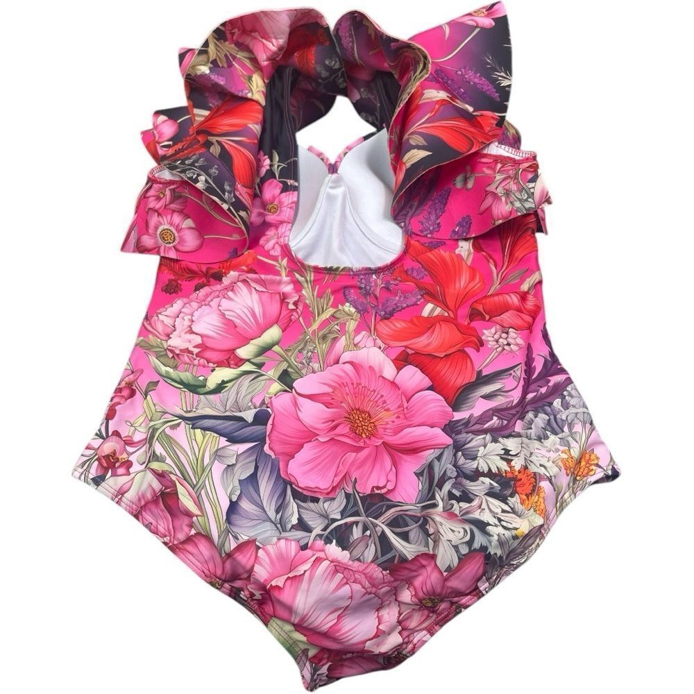 Floral Ruffle One-Piece Swimsuit - Pink Floral - Picture 10 of 12